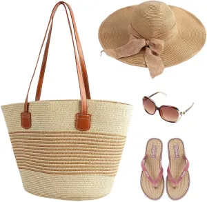 4 Pcs Boho Women Straw Beach Bag Set with Beach Hats,Rattan Flip-Flops,Sunglasses,Handwoven Summer Tote Bag Wide Brim Floppy Sun Foldable for Summer Vacation Travel(Beige)