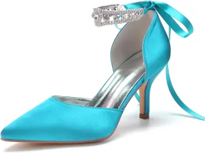 8CM Women's Bridal Stiletto Heel Wedding Crystal Ankle Strap Sandal Shoes Zipper Back Pumps Satin Pointed Toe Formal Party Prom Evening,Blue Green,7
