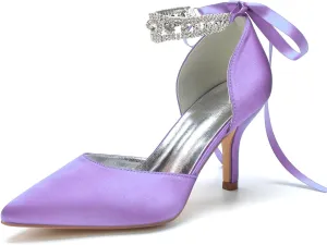 8CM Women's Bridal Stiletto Heel Wedding Crystal Ankle Strap Sandal Shoes Zipper Back Pumps Satin Pointed Toe Formal Party Prom Evening,Light Purple,11.5