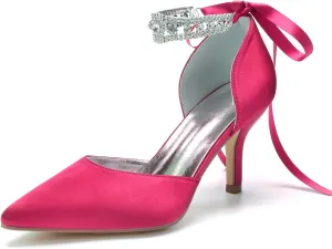 8CM Women's Bridal Stiletto Heel Wedding Crystal Ankle Strap Sandal Shoes Zipper Back Pumps Satin Pointed Toe Formal Party Prom Evening,Rose red,11.5