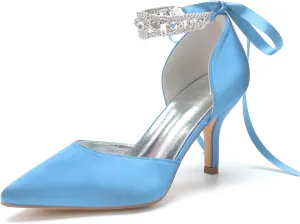 8CM Women's Bridal Stiletto Heel Wedding Crystal Ankle Strap Sandal Shoes Zipper Back Pumps Satin Pointed Toe Formal Party Prom Evening,Sky Blue,6