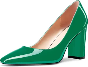 Aachcol Women Square Toe Pumps Chunky Block Mid Heel Slip-on Dress Shoes Office 3 Inch