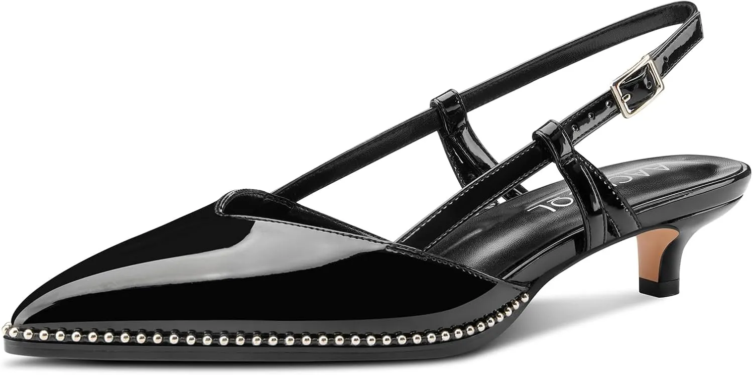 Aachcol Womens Pointed Toe Slingback Heels Low Kitten Heel Sandals Patent Leather Sliver Beaded Pumps Buckle Prom Dress Shoes 1.4 Inches Heels