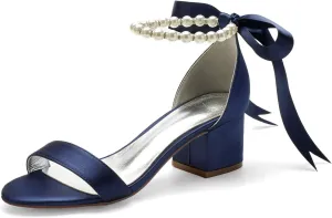 ADMLZQQ High Block Heel Wedding Sandals for Bride Ankle Strap Pearl Satin Women Heeled Sandal Open Toe Bridal Shoes