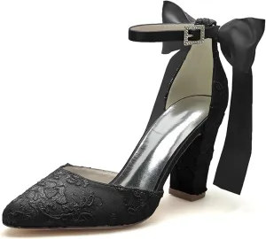 ADMLZQQ Women's High Chunky Heels Lace Pointed Toe Block Ankle Strap Dress Shoe Ladies Pump Wedding Shoes