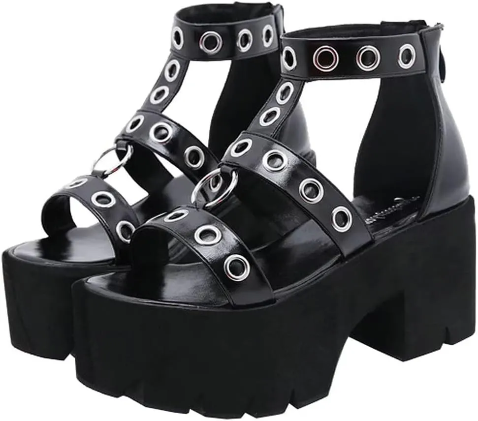 Agodor Women's Strappy Chunky Heeled Roman Gladiator Sandals High Heels Gothic Platform Open Toe Caged Shoes
