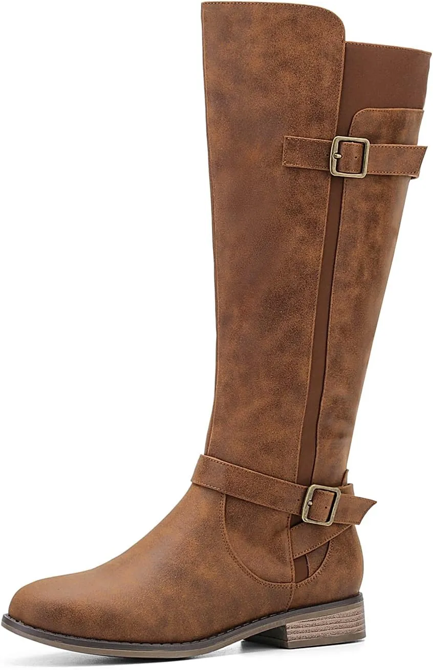 ALLOT Women's Knee High Boots Stretchy Fashion Riding Boot Flat Low Heel Buckle Strap Winter Motorcycle Shoes