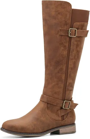 ALLOT Women's Knee High Boots Stretchy Fashion Riding Boot Flat Low Heel Buckle Strap Winter Motorcycle Shoes