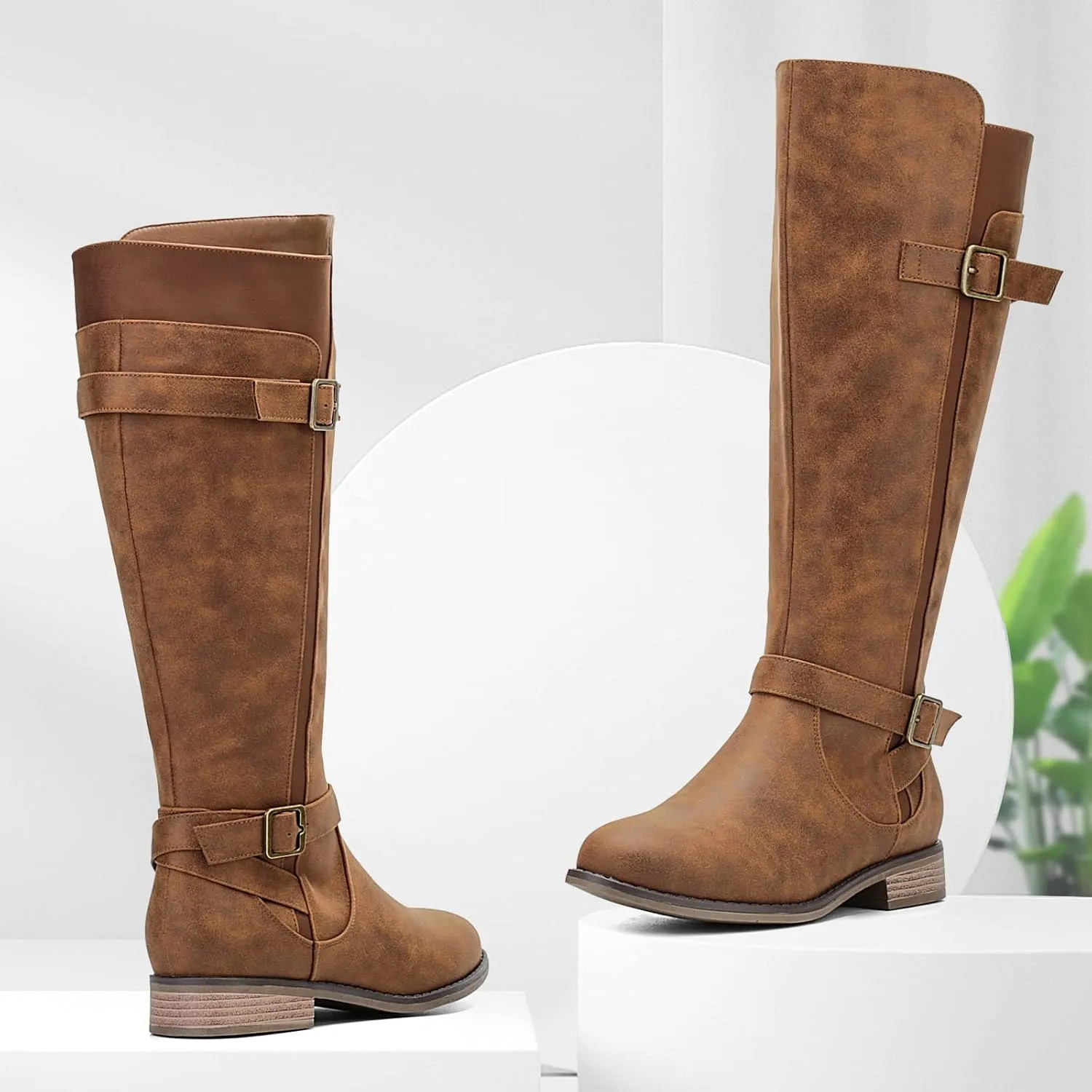 ALLOT Women's Knee High Boots Stretchy Fashion Riding Boot Flat Low Heel Buckle Strap Winter Motorcycle Shoes