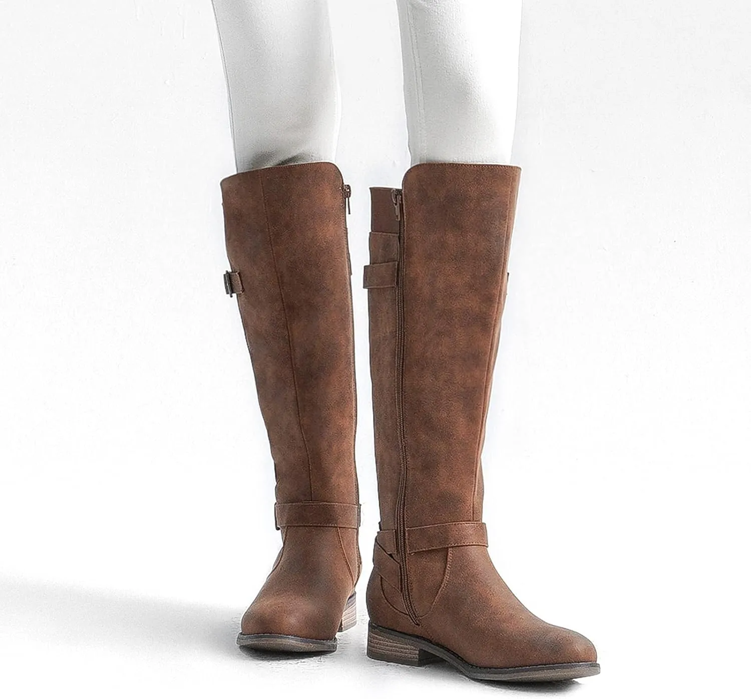 ALLOT Women's Knee High Boots Stretchy Fashion Riding Boot Flat Low Heel Buckle Strap Winter Motorcycle Shoes