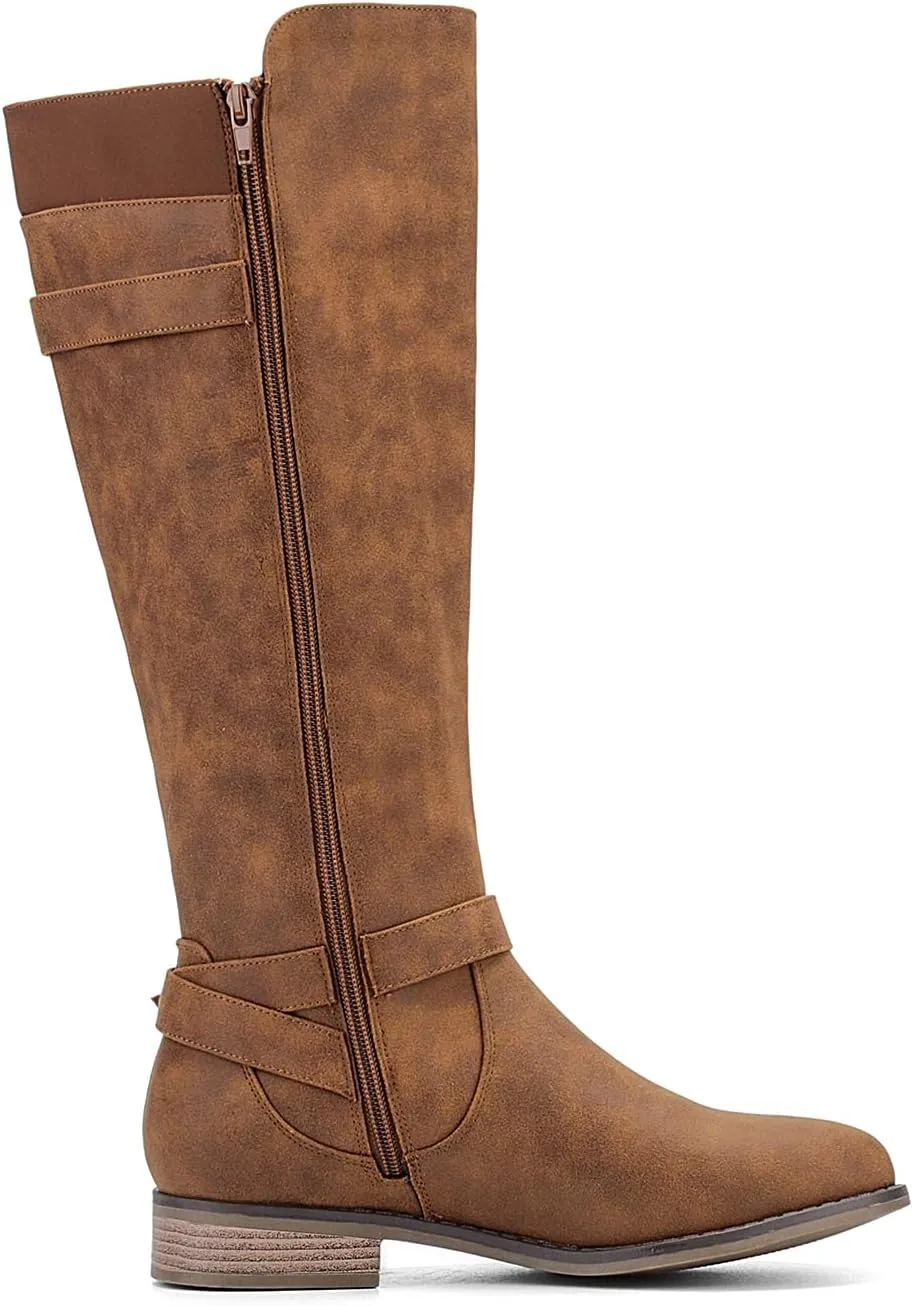ALLOT Women's Knee High Boots Stretchy Fashion Riding Boot Flat Low Heel Buckle Strap Winter Motorcycle Shoes