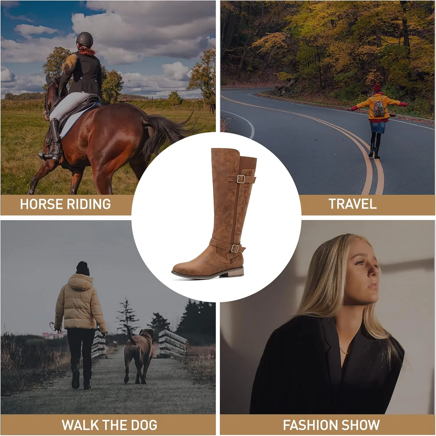 ALLOT Women's Knee High Boots Stretchy Fashion Riding Boot Flat Low Heel Buckle Strap Winter Motorcycle Shoes