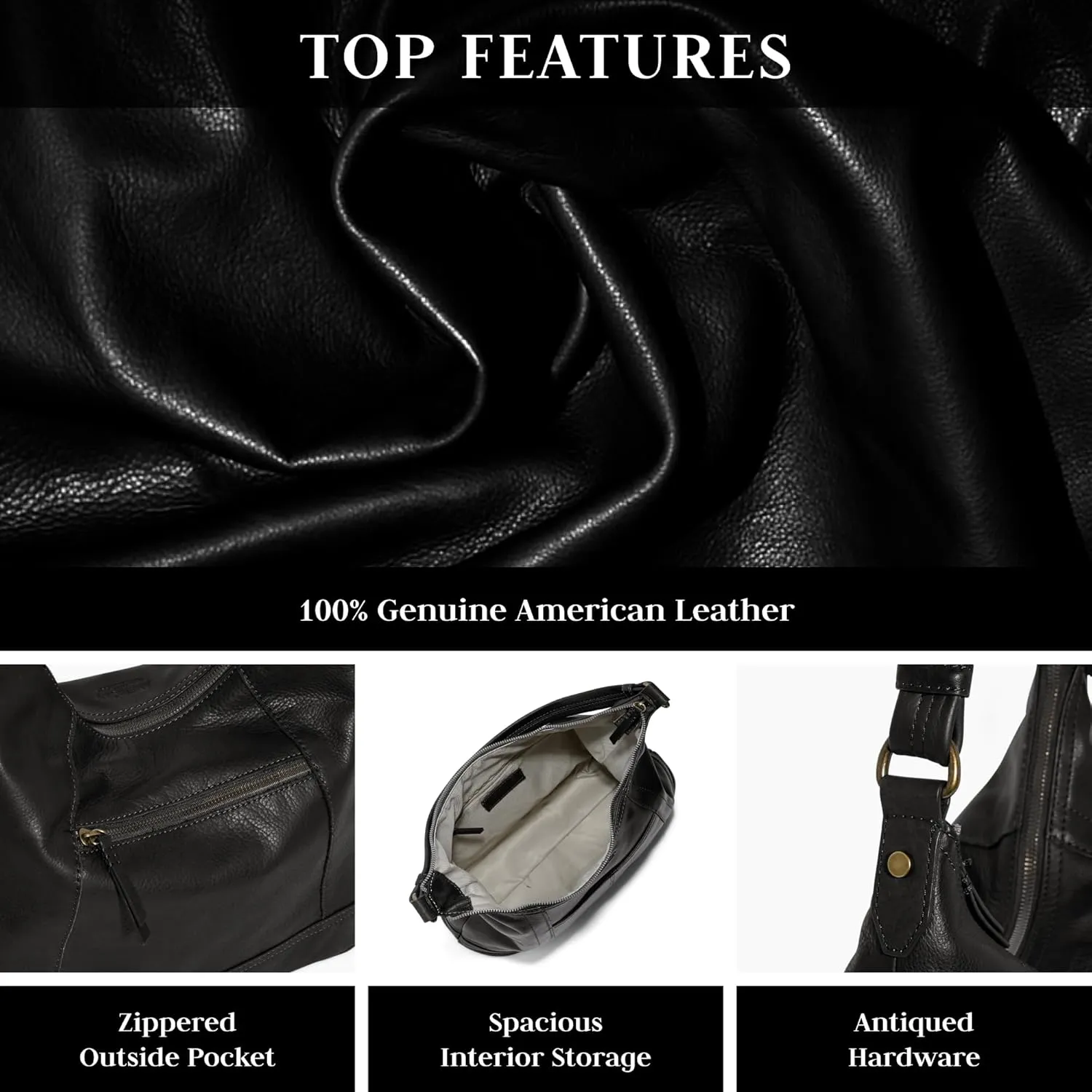 American Leather Hudson Hobo Shoulder Bag, Soft Leather Purse, Handbag With Zippered Compartments & Slip Pockets for Women