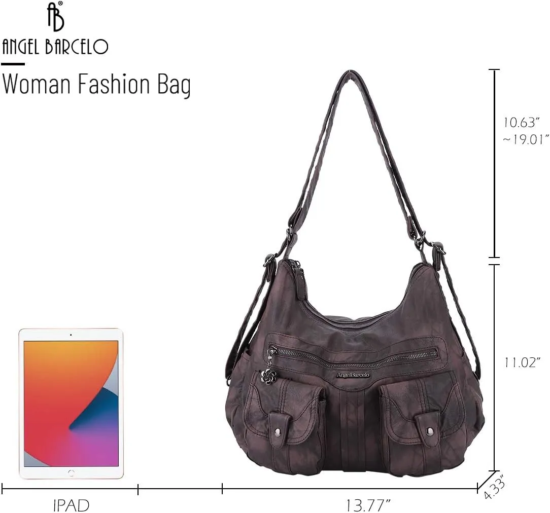Angel Barcelo Women Multifunctional Soft Leather Handbag Purses Shoulder Hobo Backpack Crossbody Zipper Bag with Pocket
