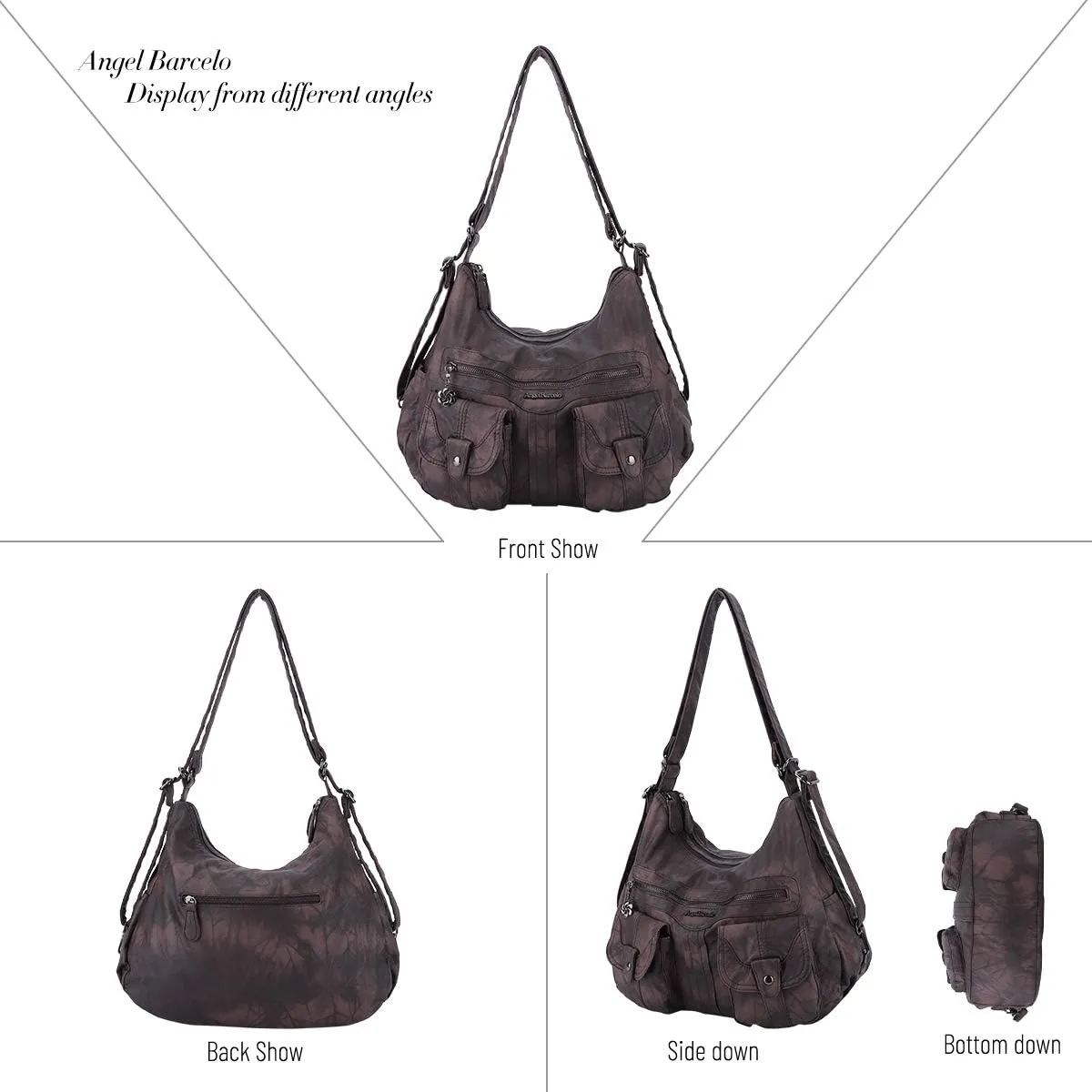 Angel Barcelo Women Multifunctional Soft Leather Handbag Purses Shoulder Hobo Backpack Crossbody Zipper Bag with Pocket
