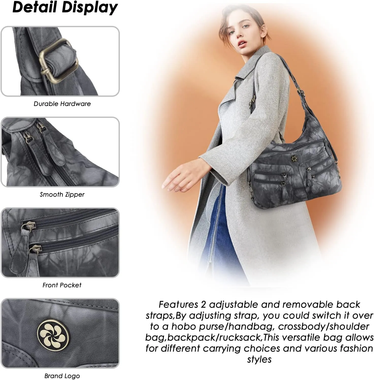 Angel Barcelo Women Multifunctional Soft Leather Handbag Purses Shoulder Hobo Backpack Crossbody Zipper Bag with Pocket
