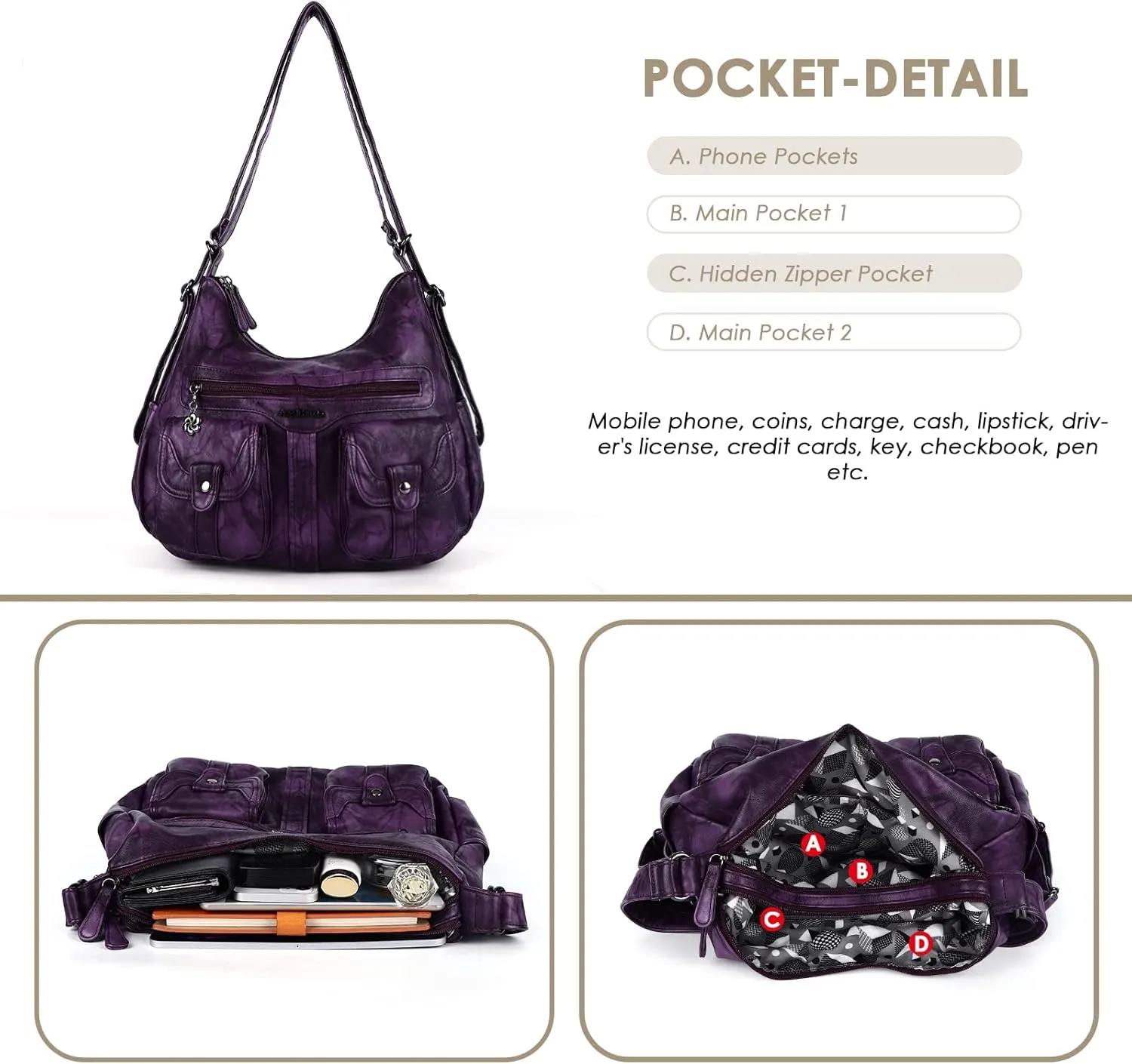Angel Barcelo Women Multifunctional Soft Leather Handbag Purses Shoulder Hobo Backpack Crossbody Zipper Bag with Pocket