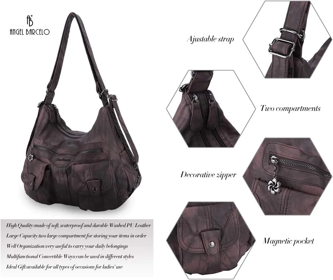 Angel Barcelo Women Multifunctional Soft Leather Handbag Purses Shoulder Hobo Backpack Crossbody Zipper Bag with Pocket