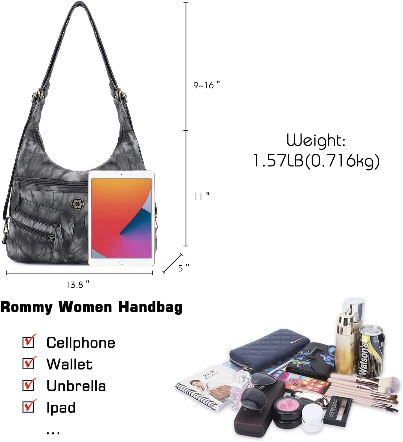 Angel Barcelo Women Multifunctional Soft Leather Handbag Purses Shoulder Hobo Backpack Crossbody Zipper Bag with Pocket