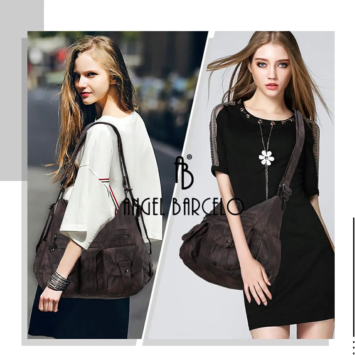 Angel Barcelo Women Multifunctional Soft Leather Handbag Purses Shoulder Hobo Backpack Crossbody Zipper Bag with Pocket