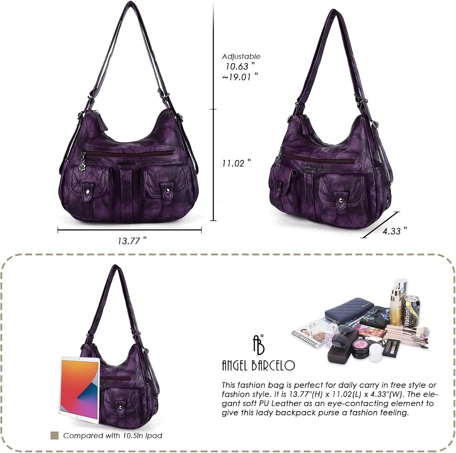 Angel Barcelo Women Multifunctional Soft Leather Handbag Purses Shoulder Hobo Backpack Crossbody Zipper Bag with Pocket