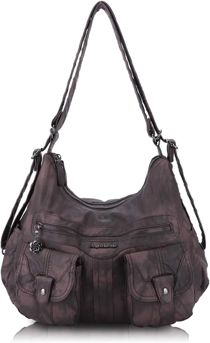 Angel Barcelo Women Multifunctional Soft Leather Handbag Purses Shoulder Hobo Backpack Crossbody Zipper Bag with Pocket