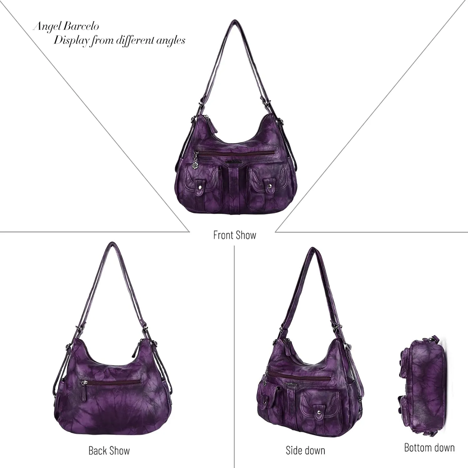 Angel Barcelo Women Multifunctional Soft Leather Handbag Purses Shoulder Hobo Backpack Crossbody Zipper Bag with Pocket