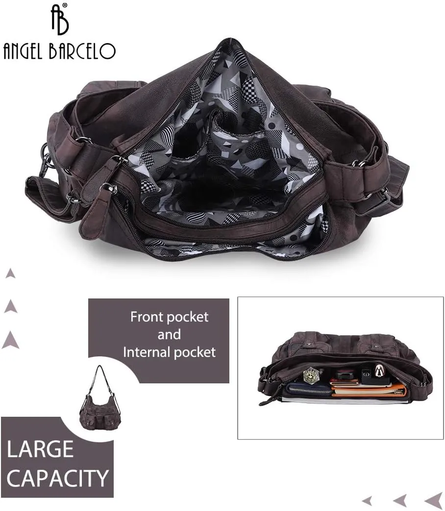 Angel Barcelo Women Multifunctional Soft Leather Handbag Purses Shoulder Hobo Backpack Crossbody Zipper Bag with Pocket