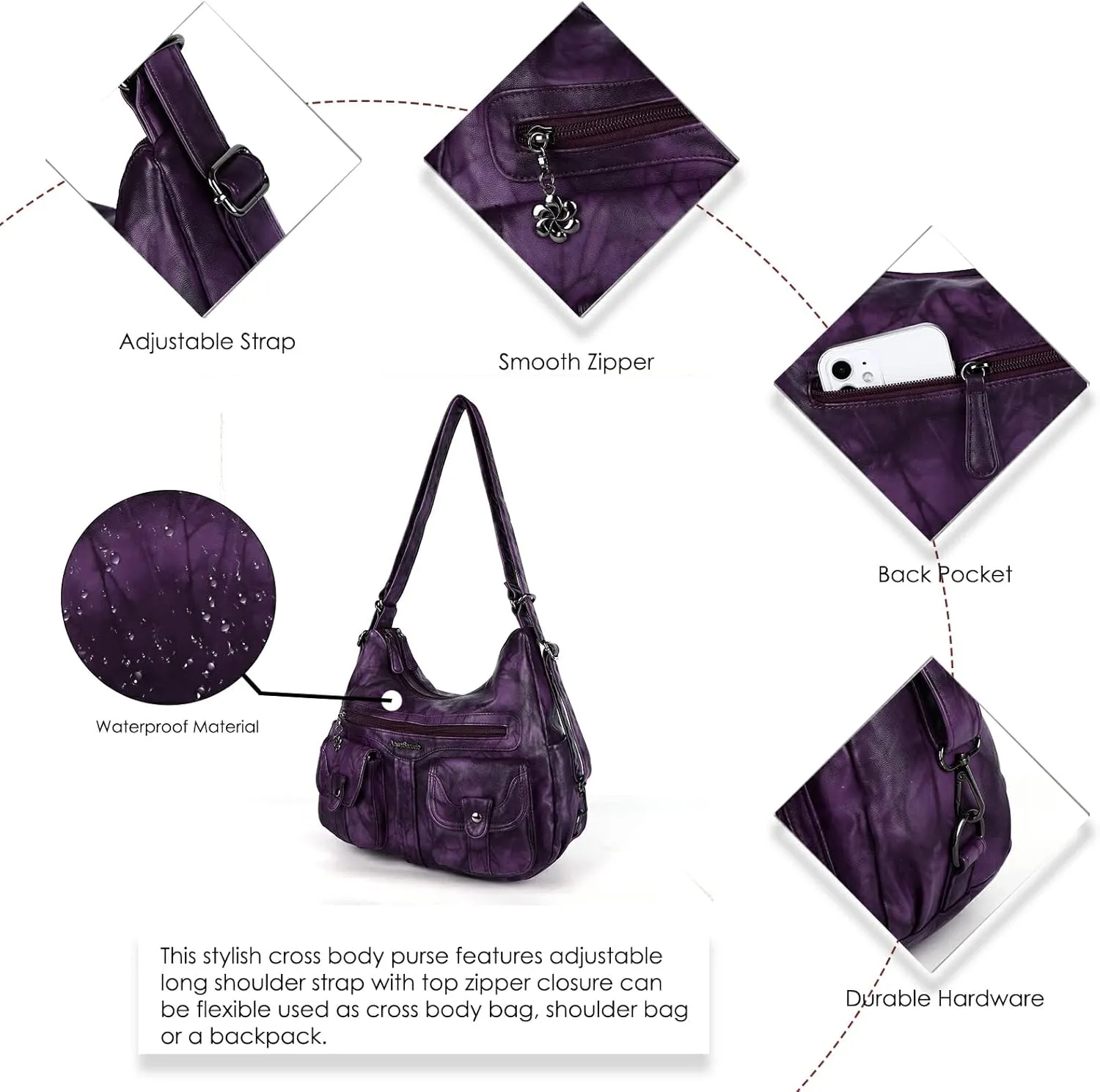 Angel Barcelo Women Multifunctional Soft Leather Handbag Purses Shoulder Hobo Backpack Crossbody Zipper Bag with Pocket