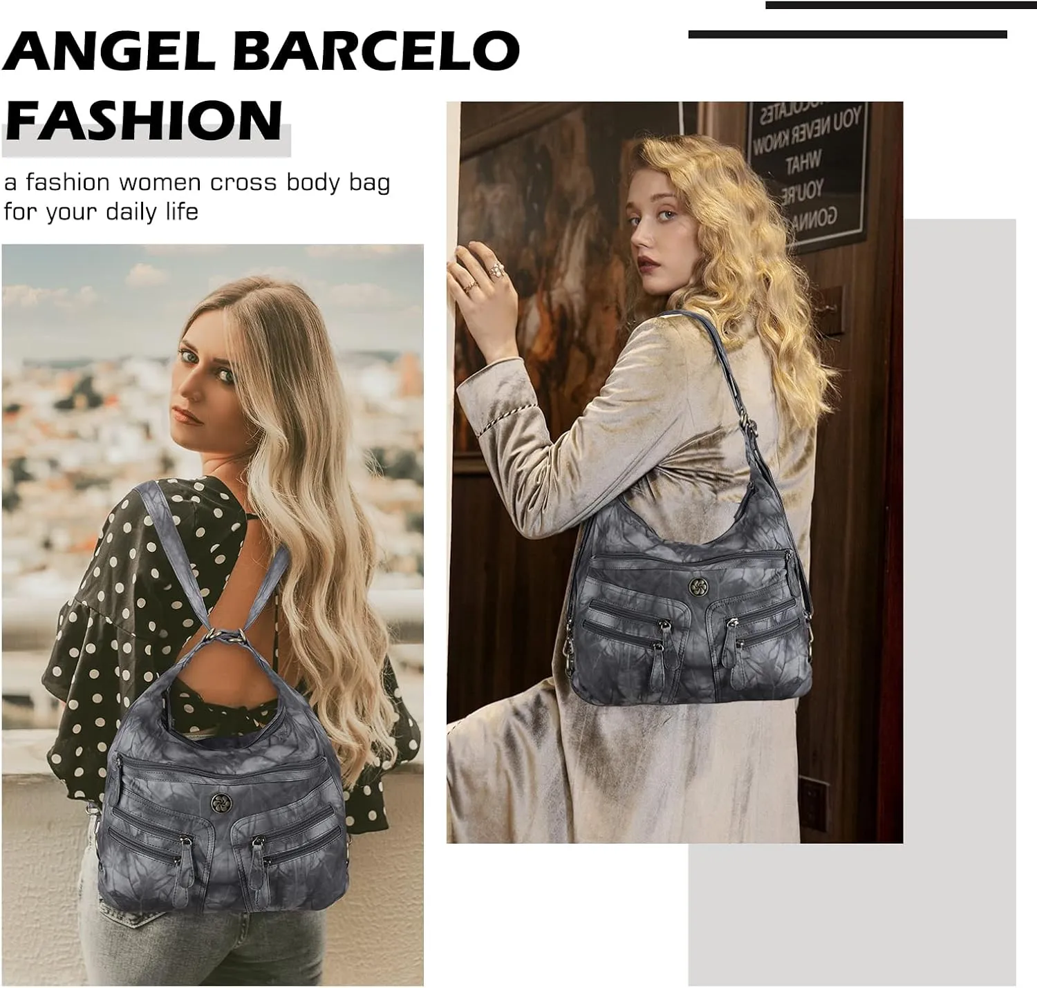 Angel Barcelo Women Multifunctional Soft Leather Handbag Purses Shoulder Hobo Backpack Crossbody Zipper Bag with Pocket