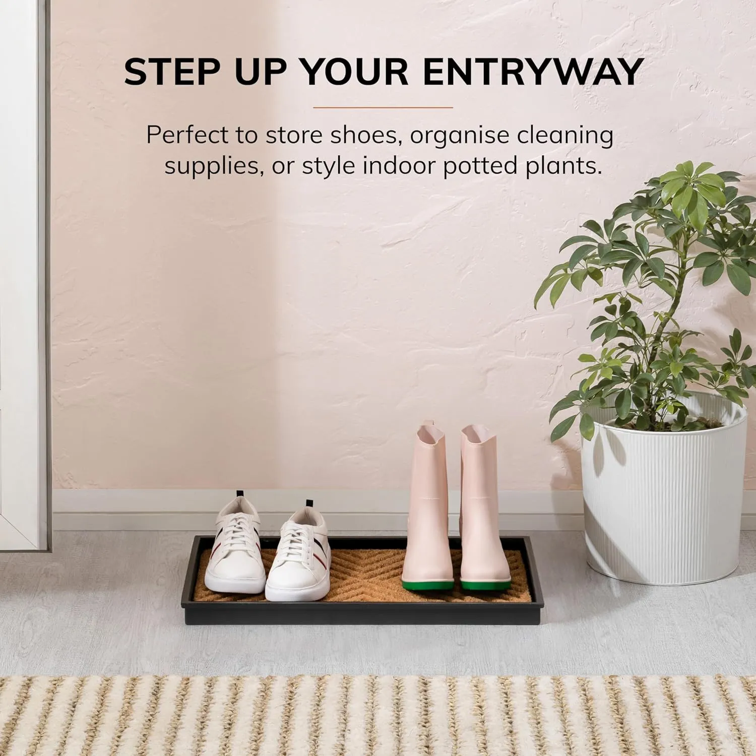 Anji Mountain Heavy Duty Waterproof Rubber Shoe Storage Mat Organizer/Boot Storage Tray Multi Use for Entryway with Coir, Tan Cross Embossed Insert, Fits 2 Pair (24.5" Wide)