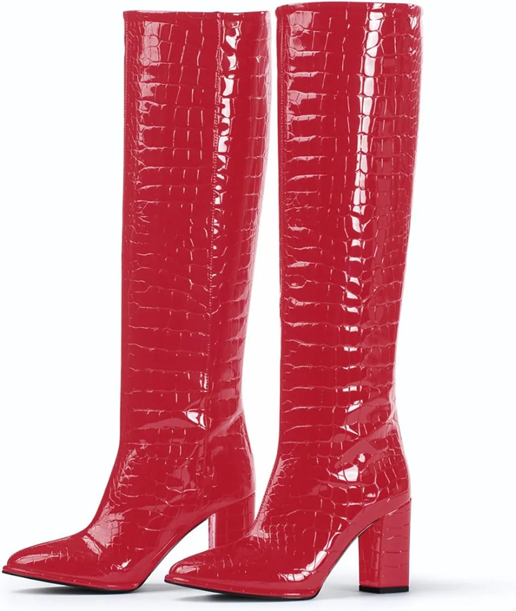 anteikira Women's Chunky Heel Round Toe Knee High Boots Crocodile High Heel Long Boots Fashion Pull On Tall Boots for Ladies Size 5.5-12US