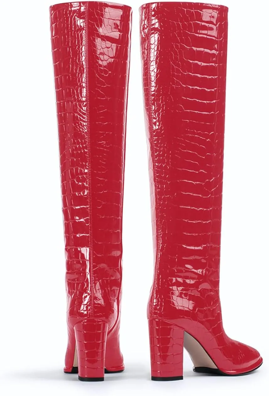 anteikira Women's Chunky Heel Round Toe Knee High Boots Crocodile High Heel Long Boots Fashion Pull On Tall Boots for Ladies Size 5.5-12US