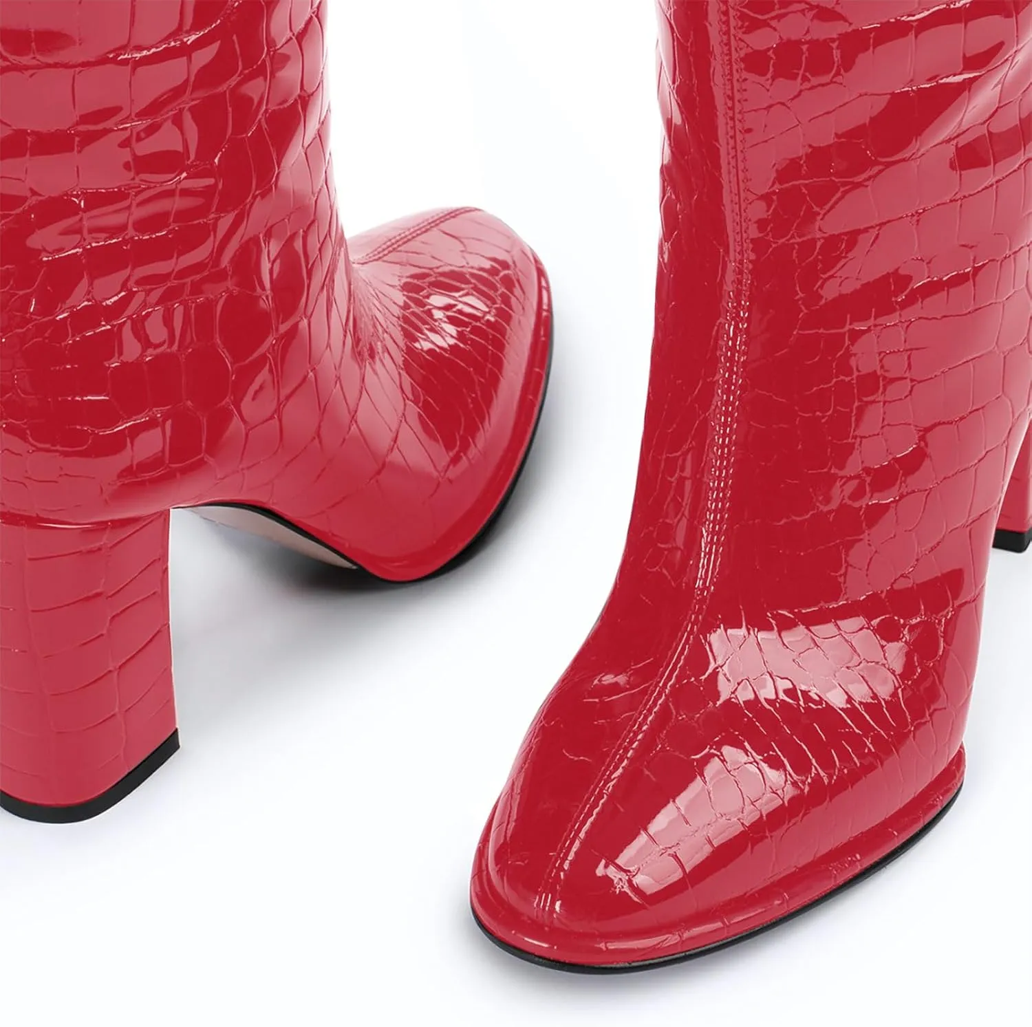 anteikira Women's Chunky Heel Round Toe Knee High Boots Crocodile High Heel Long Boots Fashion Pull On Tall Boots for Ladies Size 5.5-12US