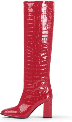 anteikira Women's Chunky Heel Round Toe Knee High Boots Crocodile High Heel Long Boots Fashion Pull On Tall Boots for Ladies Size 5.5-12US