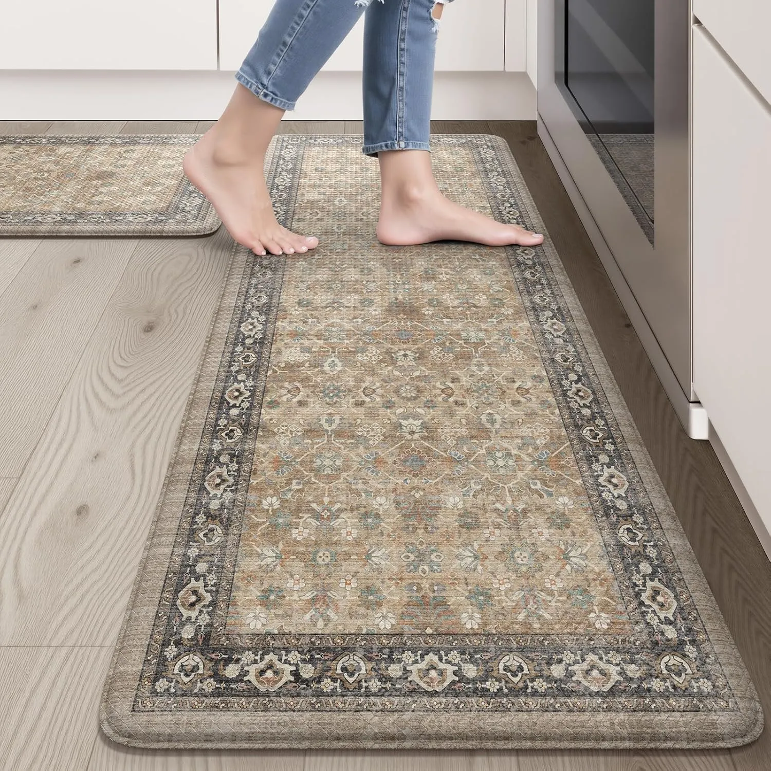 Anti Fatigue Mats for Kitchen Floor, Cushioned Kitchen Rugs Non-Slip Rubber, Farmhouse Ergonomic Waterproof Kitchen Sink Mat for Home Office Laundry(Tan)