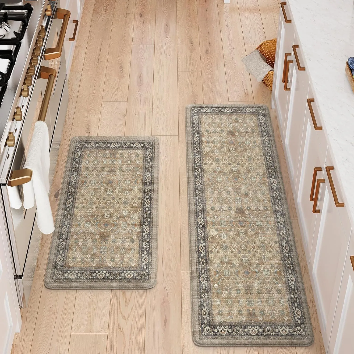 Anti Fatigue Mats for Kitchen Floor, Cushioned Kitchen Rugs Non-Slip Rubber, Farmhouse Ergonomic Waterproof Kitchen Sink Mat for Home Office Laundry(Tan)