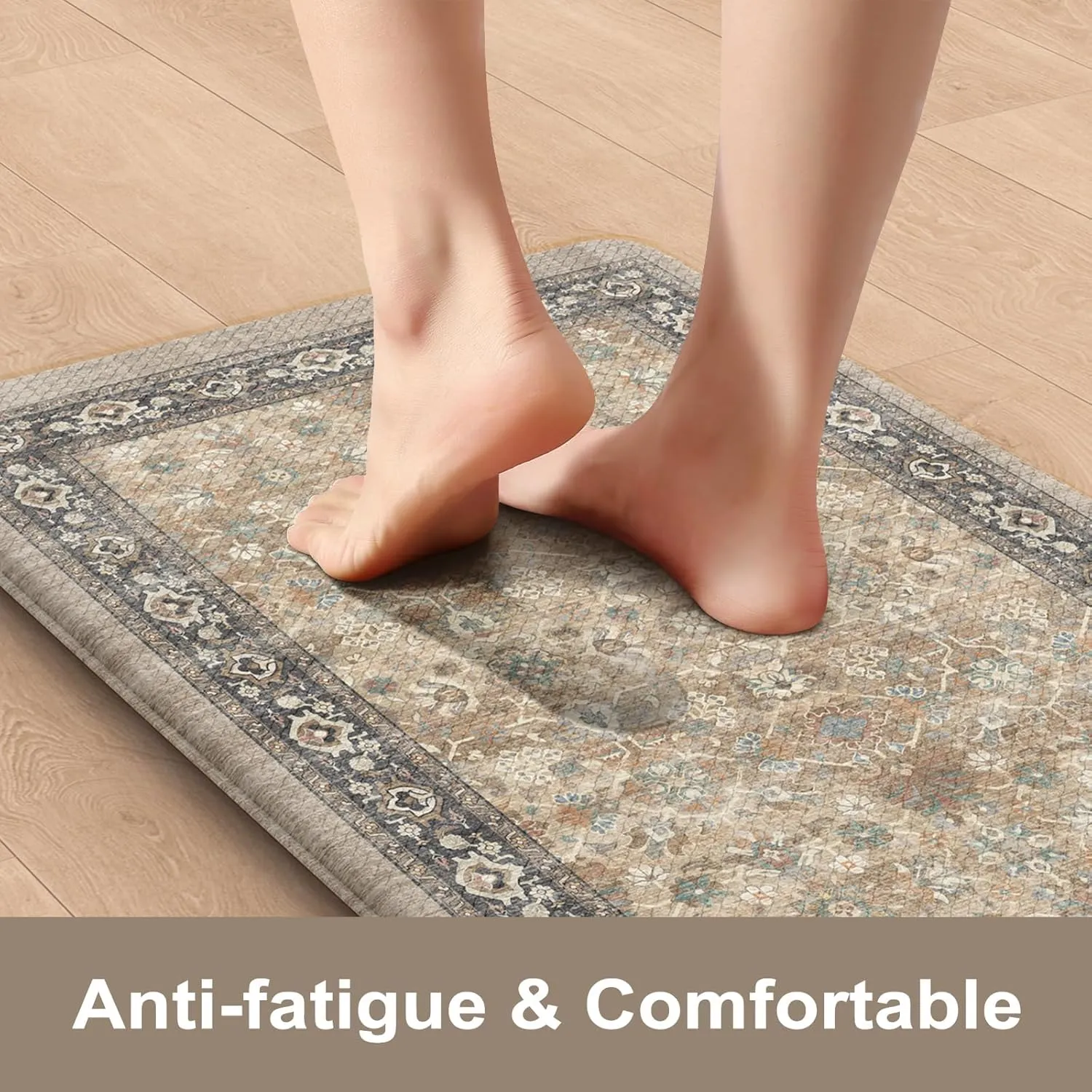 Anti Fatigue Mats for Kitchen Floor, Cushioned Kitchen Rugs Non-Slip Rubber, Farmhouse Ergonomic Waterproof Kitchen Sink Mat for Home Office Laundry(Tan)