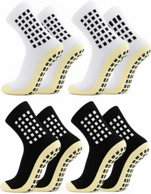 Anti-Slip Grip Socks – 4 Pairs for Men and Women, Cushioned Cotton Athletic Socks for Soccer, Gym, Pilates, Yoga – Breathable, Non-Slip Bottom, One Size (Men 8-12, Women 9-13)