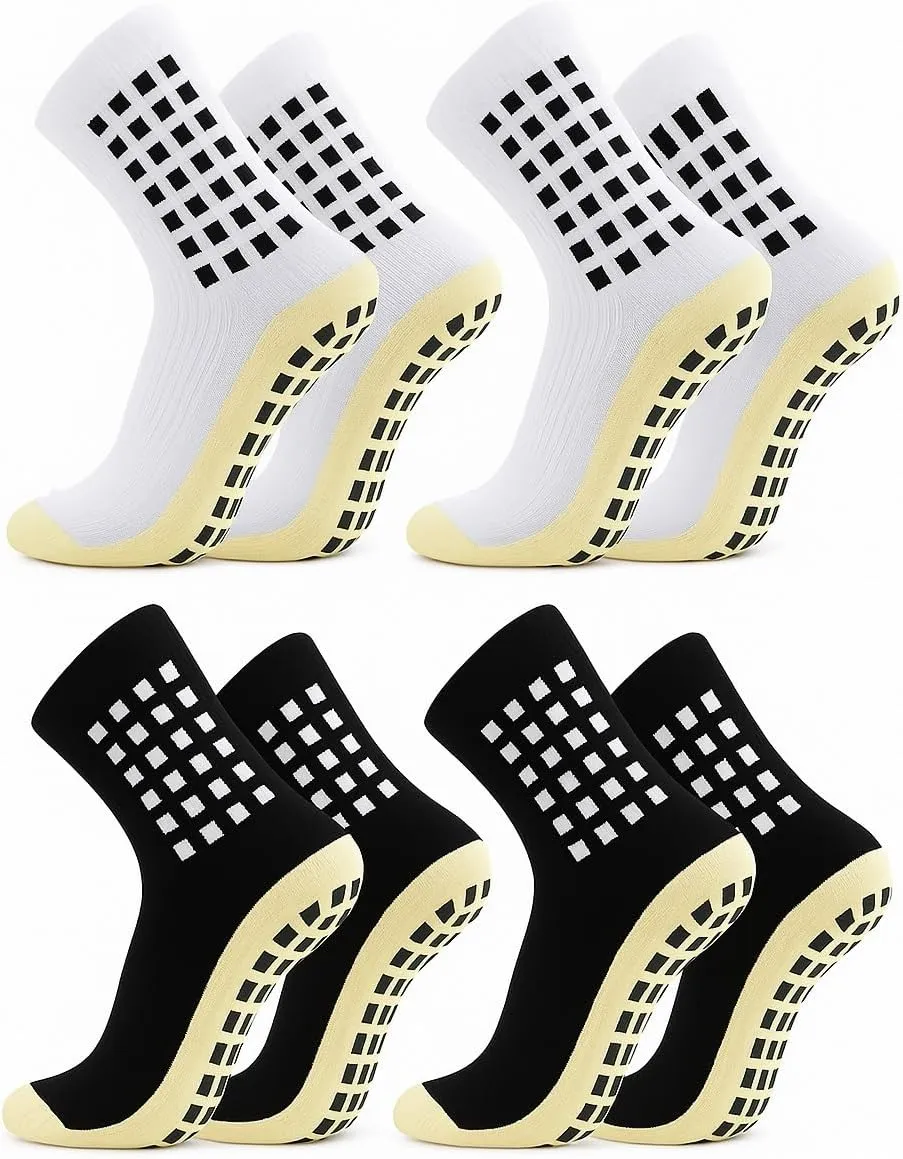 Anti-Slip Grip Socks – 4 Pairs for Men and Women, Cushioned Cotton Athletic Socks for Soccer, Gym, Pilates, Yoga – Breathable, Non-Slip Bottom, One Size (Men 8-12, Women 9-13)