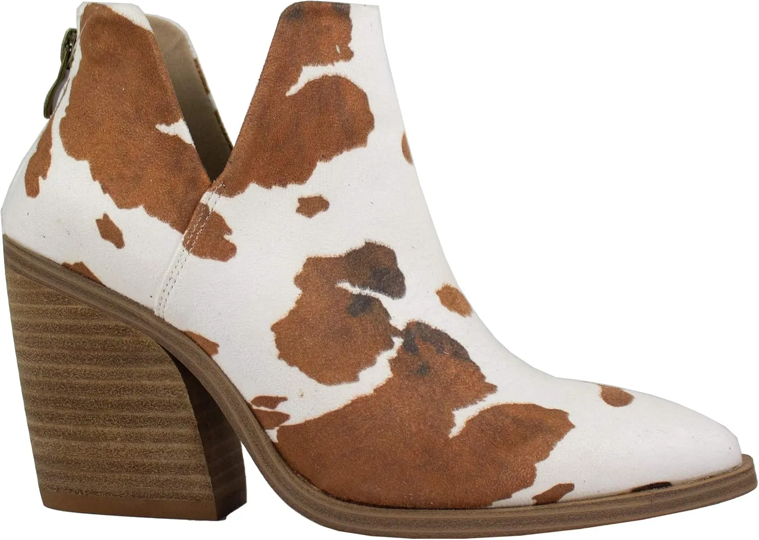 ARiderGirl Dean Womens Western Booties with Cow Print Slip On V Cut Stacked Heel Boots