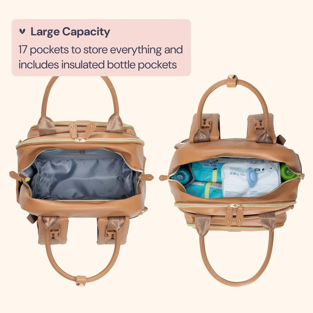 BabbleRoo Leather Diaper Bag Backpack - Baby Essentials Travel Baby Bag, Multi function, Waterproof, with Changing Pad, Stroller Straps & Pacifier Case – Unisex, Light Brown