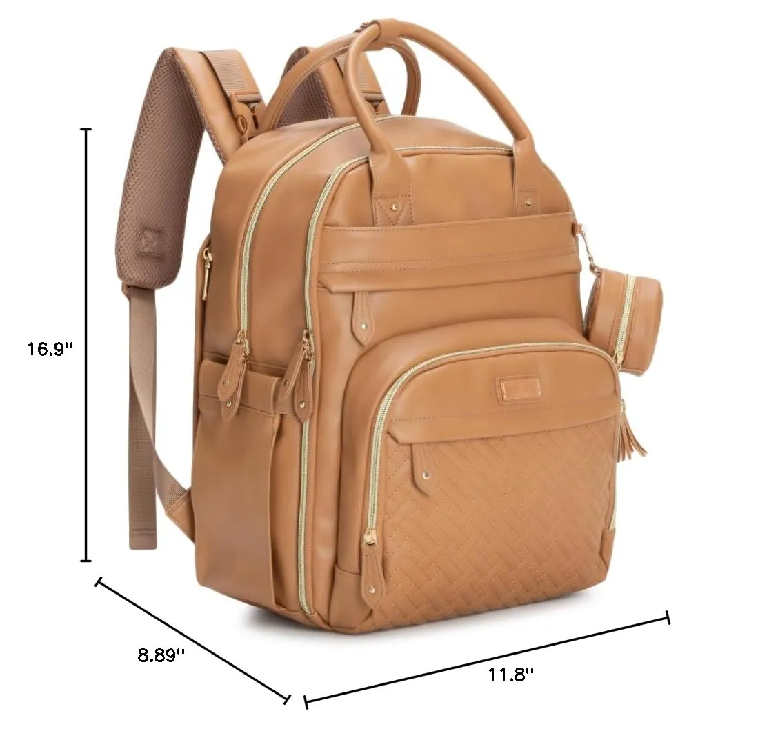 BabbleRoo Leather Diaper Bag Backpack - Baby Essentials Travel Baby Bag, Multi function, Waterproof, with Changing Pad, Stroller Straps & Pacifier Case – Unisex, Light Brown