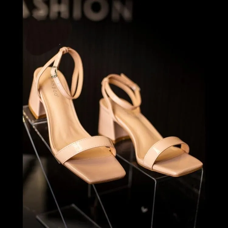 BAMBOO Entire-04 Womens Open Square Toe Ankle Strap with Buckle Low Block Heeled Sandal