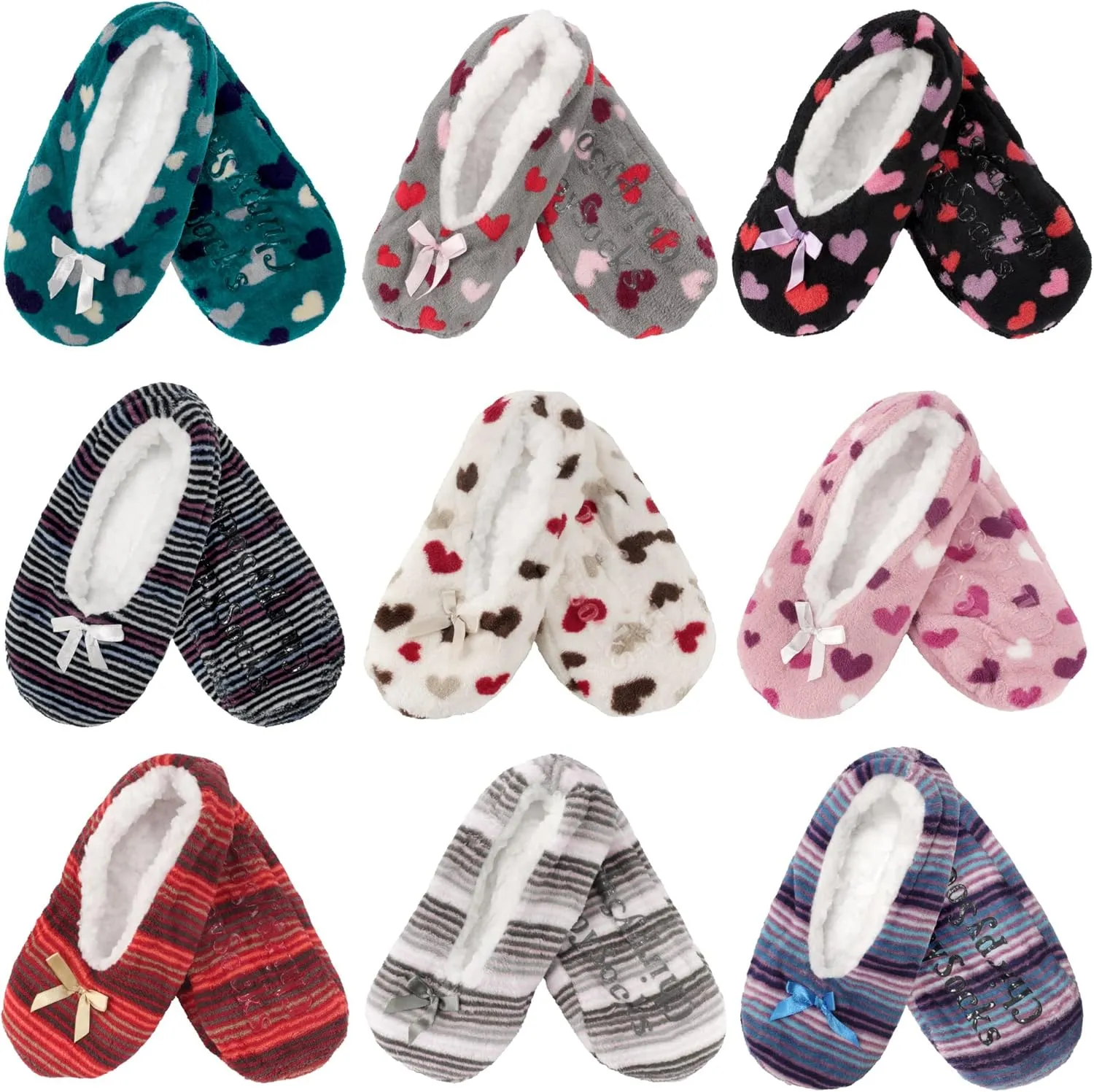 BambooMN Soft Touch Warm Cozy Fuzzy Non-Slip Lined Slip-On Slippers Socks for Adult Women, Indoor Travel House Slippers, 3 Pairs