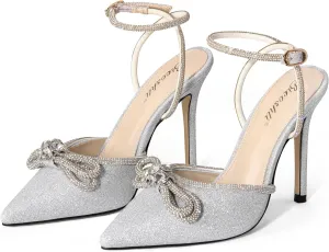 Bieosnli Women's Satin Lace Up High Heel Sandals Ankle Buckle Straps Pump Rhinestone Strip Bowknot Pointed Toe Stiletto Sandals