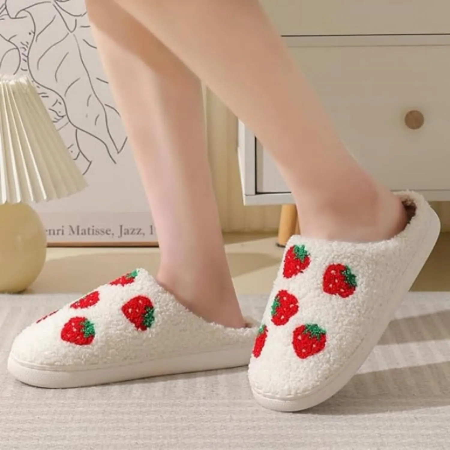 bolukets House Slippers for Women and Men, Retro Soft Warm Fuzzy Cherry Slippers, Casual Couple Fluffy Winter Strawberry Slippers for Indoor Bedroom
