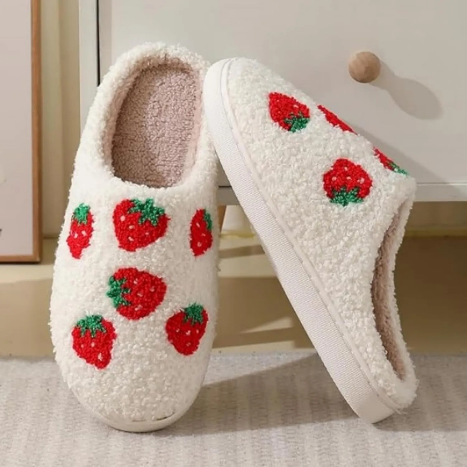 bolukets House Slippers for Women and Men, Retro Soft Warm Fuzzy Cherry Slippers, Casual Couple Fluffy Winter Strawberry Slippers for Indoor Bedroom