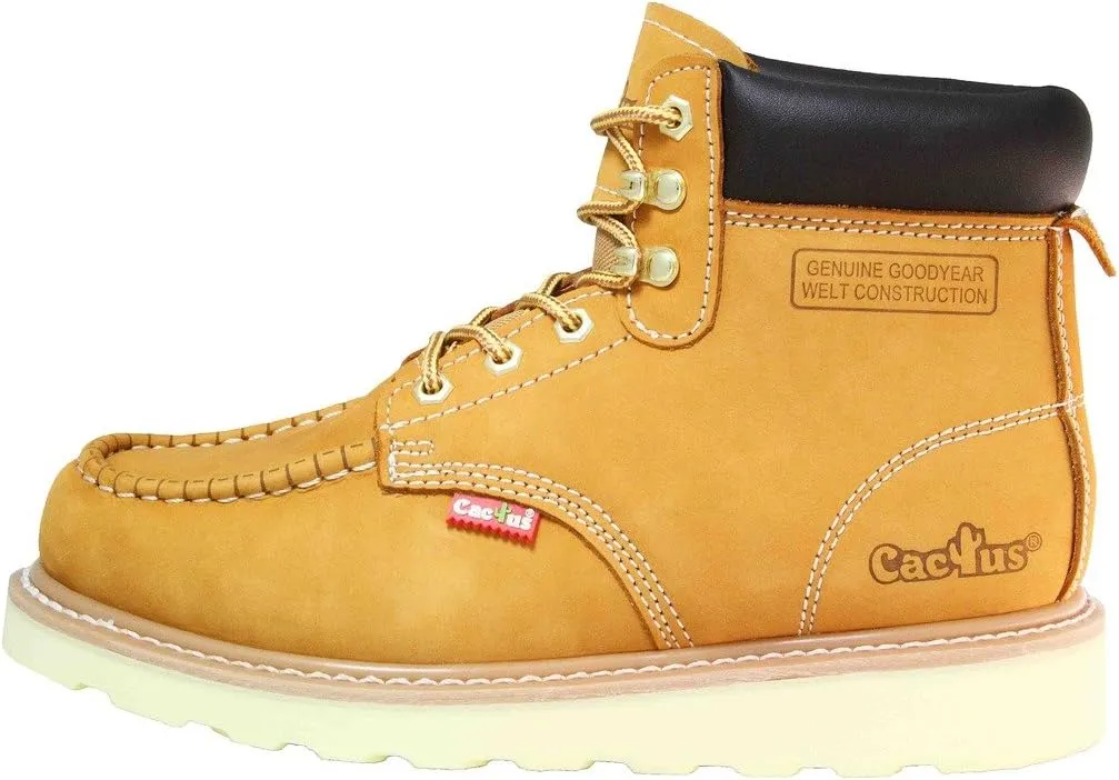 CACTUS Men's 6" Nubuck Leather Moc-Toe Work Boots with Padded Collar and Sponge Footbed - Comfortable, Lightweight, Goodyear Welt Construction, Flexible and Durable PU Sole - Model 3611M