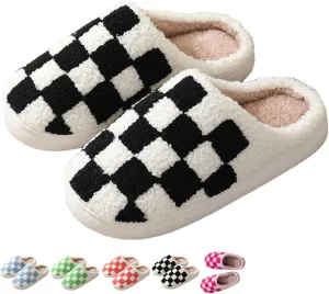 Checkered Plush Slippers for Women Men Winter Cozy Warm Indoor House Shoes with Non Slip Cushioned Sole